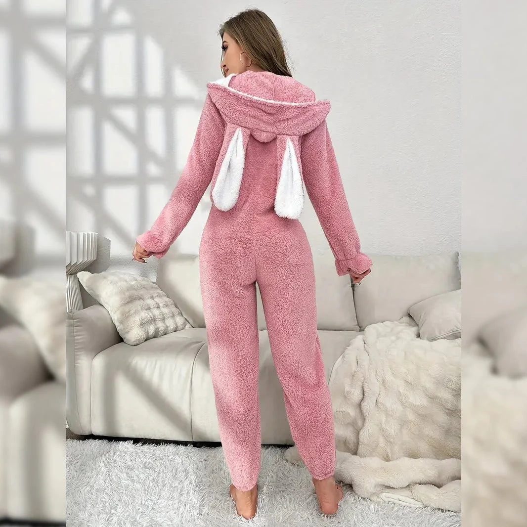 Cute Bunny Fuzzy Hooded Night Jumpsuit