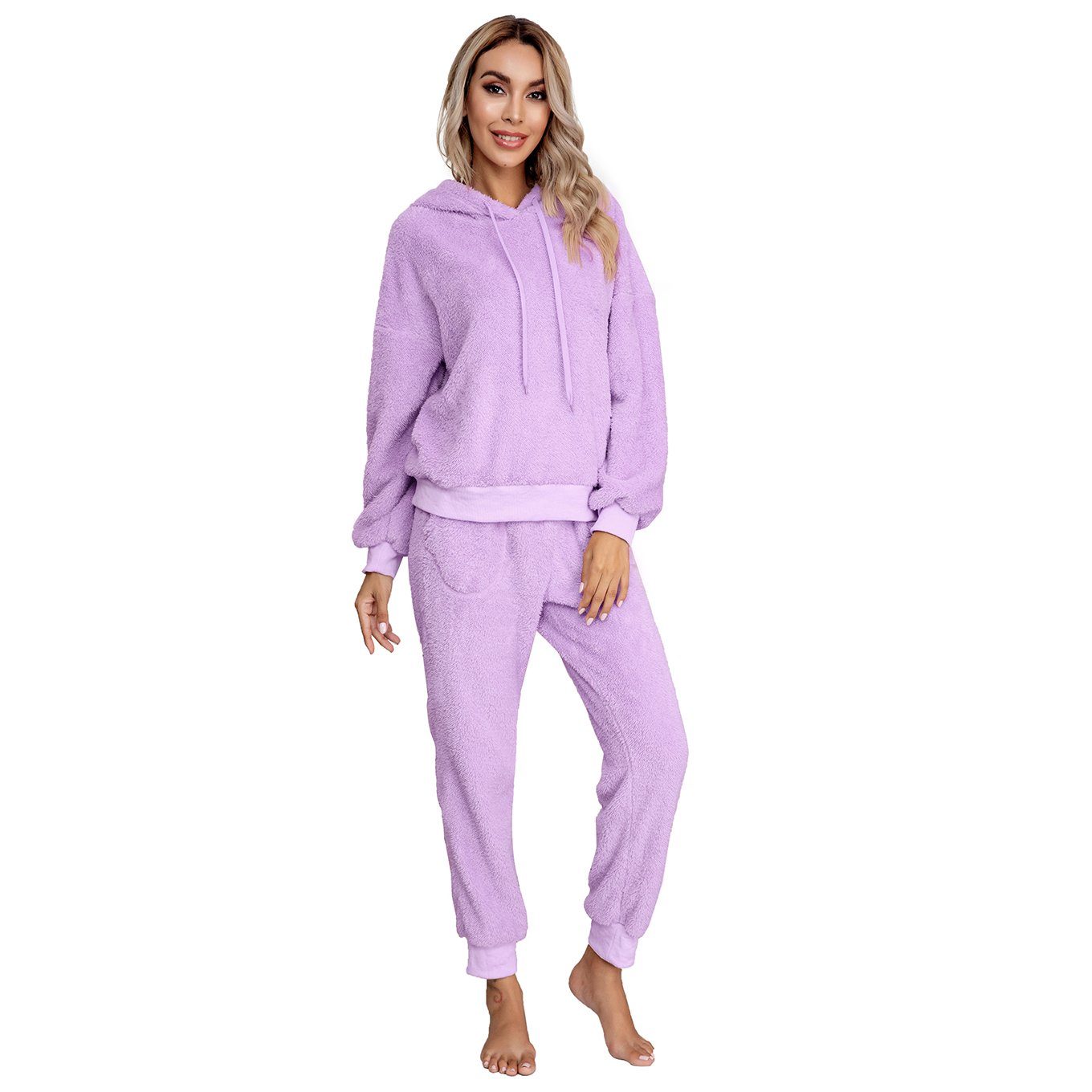 Drop Shoulder Drawstring Teddy Hoodie and Sweatpants