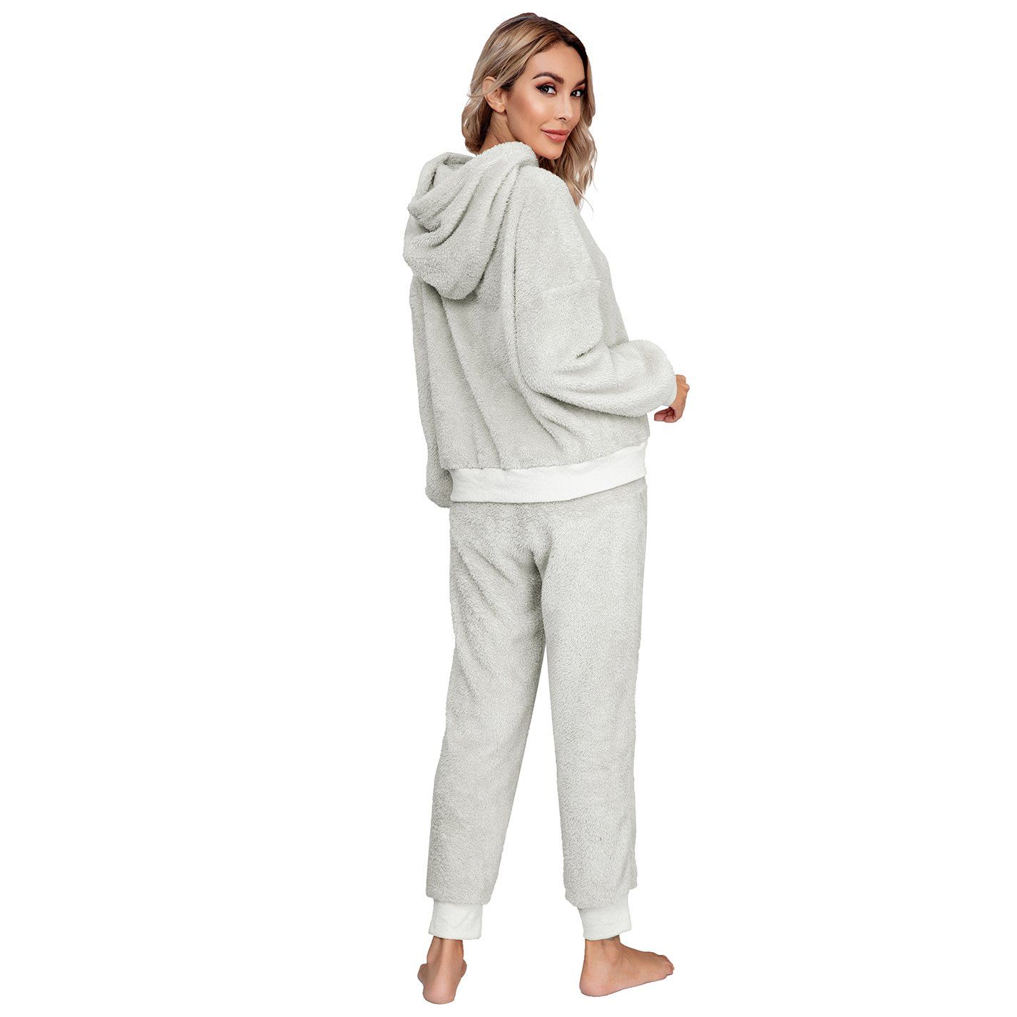 Drop Shoulder Drawstring Teddy Hoodie and Sweatpants